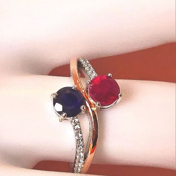 Natural Sapphire & Ruby 14K Gold Plate on 925 Sterling Silver Ring Sz 6.5 - Picture 6 of 6